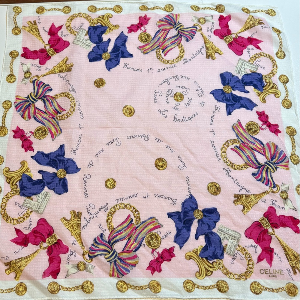 CÉLINE Paris Petite Silk Scarf | Eiffel Tower & Bow Print | Pink, Gold & Navy